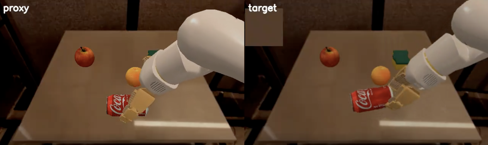 Proxy grasps the can and the target misses
